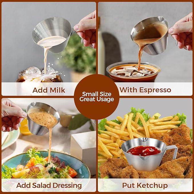 2 Pcs Espresso Cups with Handle, Stainless Steel Espresso Accessories, Double Spout Metal Measuring Cup with Dual Scale, Espresso Shot Cup with V-Shaped Mouth, 3.4OZ/100ML(Silver)