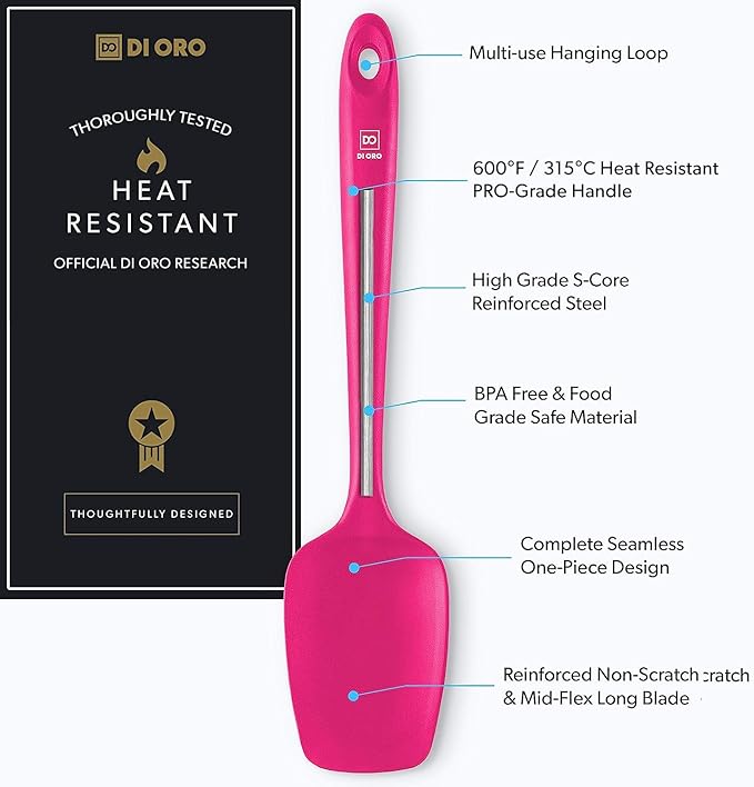 DI ORO Silicone Spoon Spatula - 600°F Heat-Resistant Large Silicone Spoonula Scraper - BPA Free Nonstick Cookware Safe Rubber Kitchen Utensil for Baking, Cooking, & Mixing - Dishwasher Safe (Magenta)