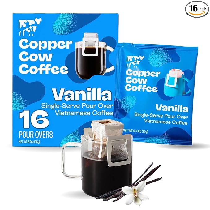 Copper Cow Premium Pour Over Single-Serve Vietnamese Coffee | Vanilla | Dark Roast | Flavored with Vanilla Beans | Includes 16 Coffees