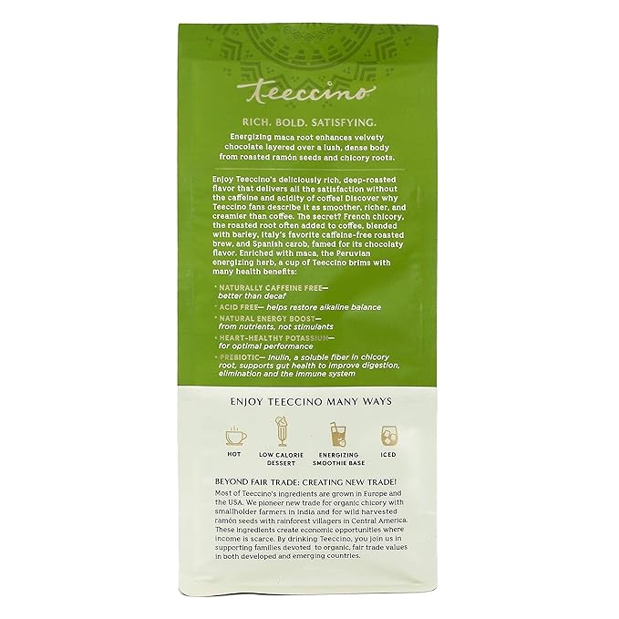 Teeccino Maca Chocolaté Chicory Coffee Alternative - Ground Herbal Coffee That’s Prebiotic, Caffeine Free & Acid Free, Dark Roast, 11 Ounce