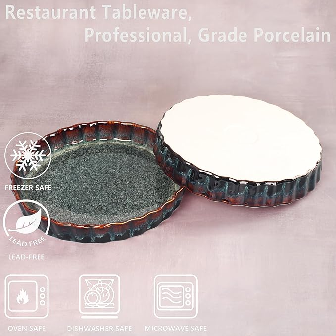 Ceramic Pie Pan Quiche Baking Dish, 9 Inch Round Ruffled Edge Au Gratin Baking Dishes, 27 Ounces Non-Stick Pie Dish, Tart Pan, Pie Plate for Apple, Oven, Dishwasher and Microwave Safe