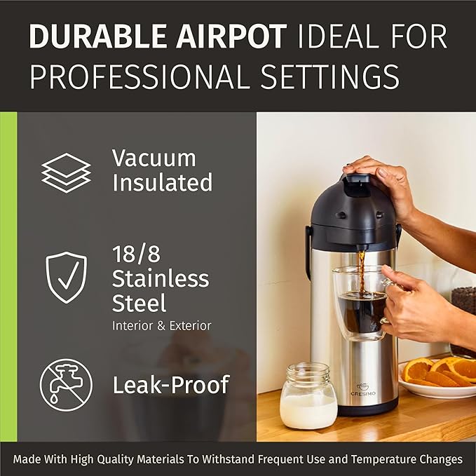 Cresimo Coffee Carafe with Pump - 102oz / 3L Airpot 12 Hours Large Hot Water Carafe, Cocoa Dispenser for Parties - Tea Flask, Insulated Stainless Steel Air Pots for Hot Beverage Dispenser -Coffee Pump