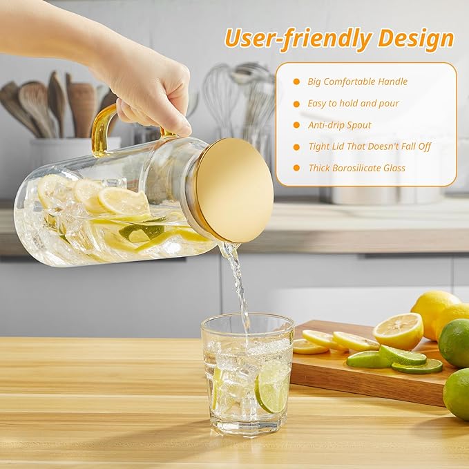 2 Liter 68 oz Glass Pitcher with Lid and Spout, Gold Glass Water Pitcher for Fridge, Glass Carafe for Hot/Cold Water, Large Jug for Iced Tea, Coffee, Juice and Homemade Beverage