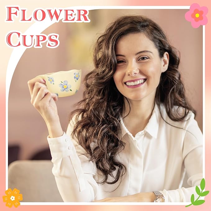 Ceramic Coffee Mug Set of 2 Vintage Flower Mugs 8 oz Cute Floral Coffee Mugs Irregular Latte Art Cup Lead-free Porcelain Cups for Cappuccino, Cocoa (2 Blue Flower)