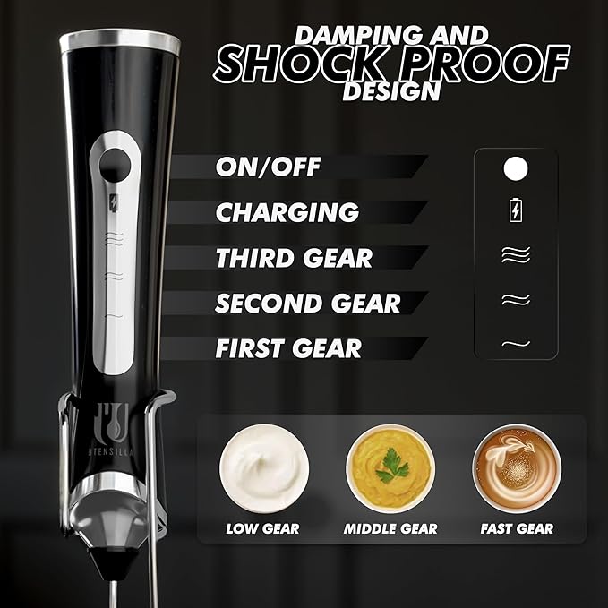 Rechargeable Handheld Milk Frother - Electric Foam Maker - Portable Coffee Frother Wand with 2 Heads - Stainless Steel Electric Whisk for Coffee, Latte, Cappuccino, Macchiato, Hot Chocolate (Black)