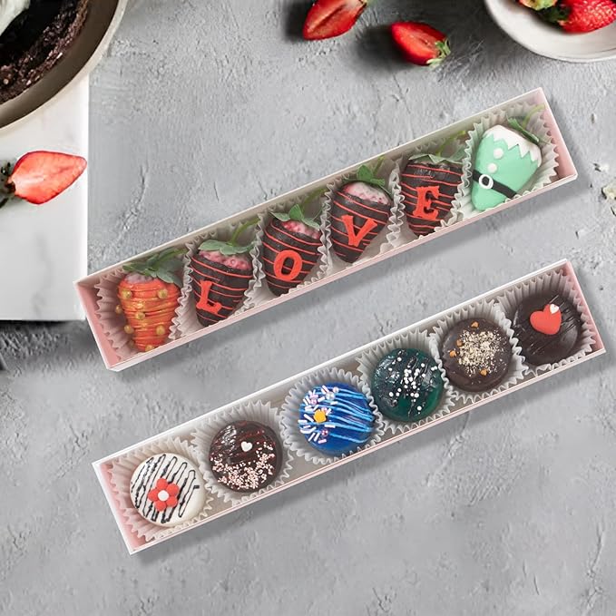 50Pack Strawberry Boxes - 12x2.2x2 Inch with Clear Window for Macaron, Chocolate Truffle, Cookie & Bakery Boxes