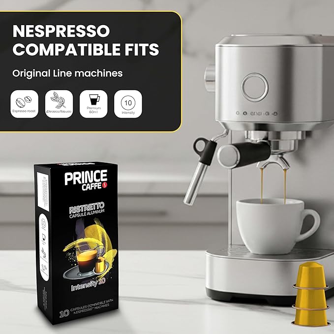 Prince Caffe Espresso Pods – Ristretto Intensity 10, Dark Roast, The Espresso Coffee Pods Are Compatible with Nespresso Original Line Machines, 30 Count (3 x 10 Capsules) Premium Quality Coffee Capsules.