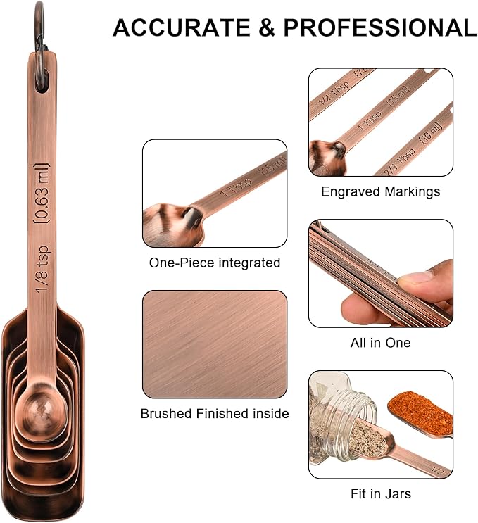 Measuring Cups and Spoons Set, Copper Measuring Cups and Spoons Set 17, Stainless Steel Measuring Cups and Spoons set, Metal 7 Measuring Cups and 9 Measuring Spoons with 1 Leveler for Kitchen