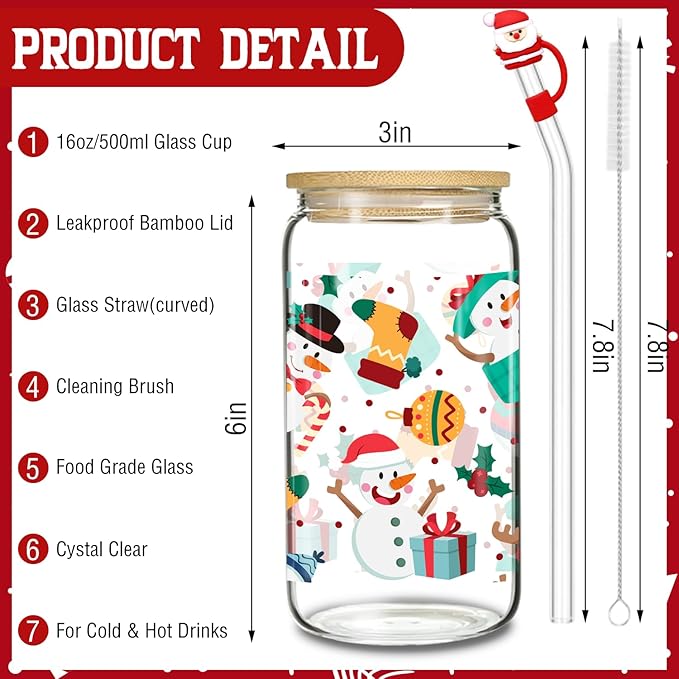 Christmas Snowman Glass, 16 Oz Winter Iced Coffee Glass with Straw and Lid, Winter Snowman Themed Perfect for Christmas and Holiday Celebration Decorations (One)