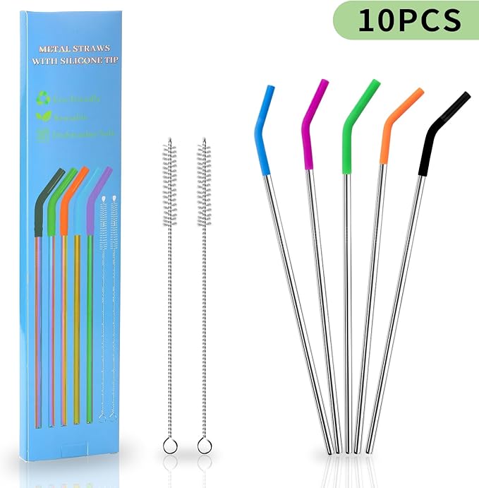 Lazycorner 10 Pcs Metal Straw Reusable 8.5" 6mm Stainless Steel Straws,20oz-32oz, Silver Drinking Straws with Silicone Tips, 4 Straw Cleaner Brush, 1 Travel Case