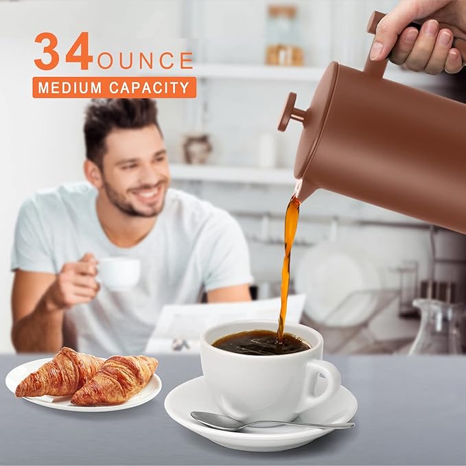 Secura French Press Coffee Maker, 304 Grade Stainless Steel Insulated Coffee Press with 2 Extra Screens, 34oz (1 Litre), Coffee