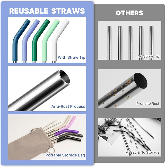9.5" Metal Straws Reusable for 30/32 oz Tumbler, 5 Pcs Stainless Steel Drinking Straws for Yeti/RTIC/CIVAGO 30 oz Tumblers, 1 Portable Bag