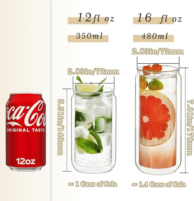LIBWYS 16oz Double Wall Drinking Glass Cups with Bamboo Lids and Straws, 4 Pc Set – Condensation Resistant Insulated Glass Can Tumblers for Cold Drinks, Iced Coffee, Tea, Juice, Cleaning Brush