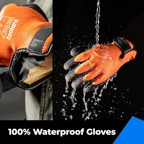 100% Waterproof Gloves for Men and Women, Winter Work Gloves for Cold Weather, Thermal Insulated Freezer Gloves, Touch Screen, With Grip, Orange, Small