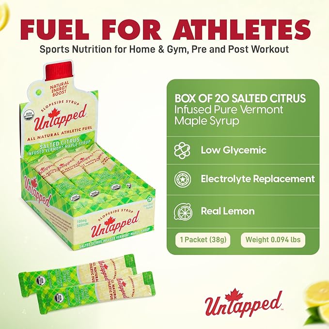 UnTapped Salted Citrus Infused Vermont Maple Syrup Packets for Athletes, Box of 20 - 1 fl oz | Pure Maple Syrup with Refreshing Citrus Flavor and Sea Salt for Endurance Energy | Fuel to Keep You Running Longer