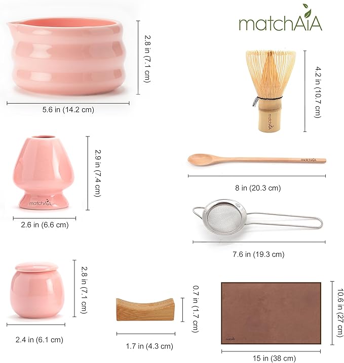 8 Pcs Matcha Set - Ceramic Bowl, Bamboo Whisk with Holder, Canister, Sifter, Schima Spoon, Spoon Rest and Tea Towel, Complete Kit for Traditional Matcha and Modern Lattes (Pink)
