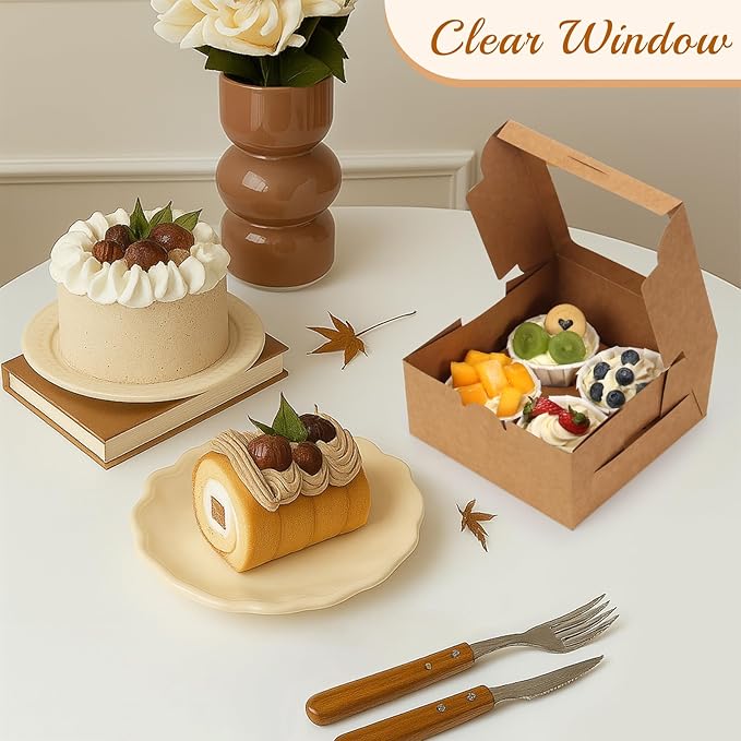 OAMCEG 30 Pack Cookie Boxes with Window, 6x6x3 Inches Brown Bakery Treat Boxes with Stickers & Twine for Pastry, Desserts, Strawberries, Cupcakes, Gift Giving