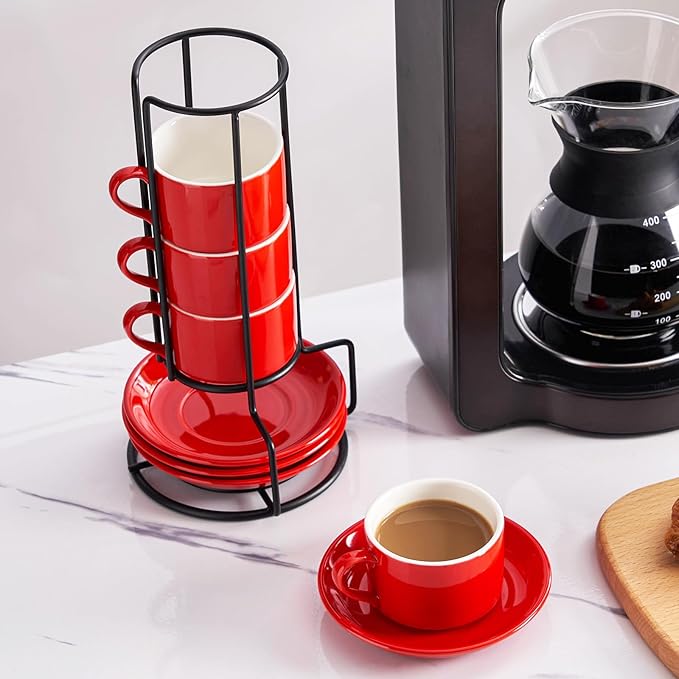 2.5oz Porcelain Stackable Espresso Cups with Saucers and Metal Stand Set of 4, Stackable Cappuccino Cups, Red Expresso Shots Cup Set for Coffee Drinks, Latte, Tea