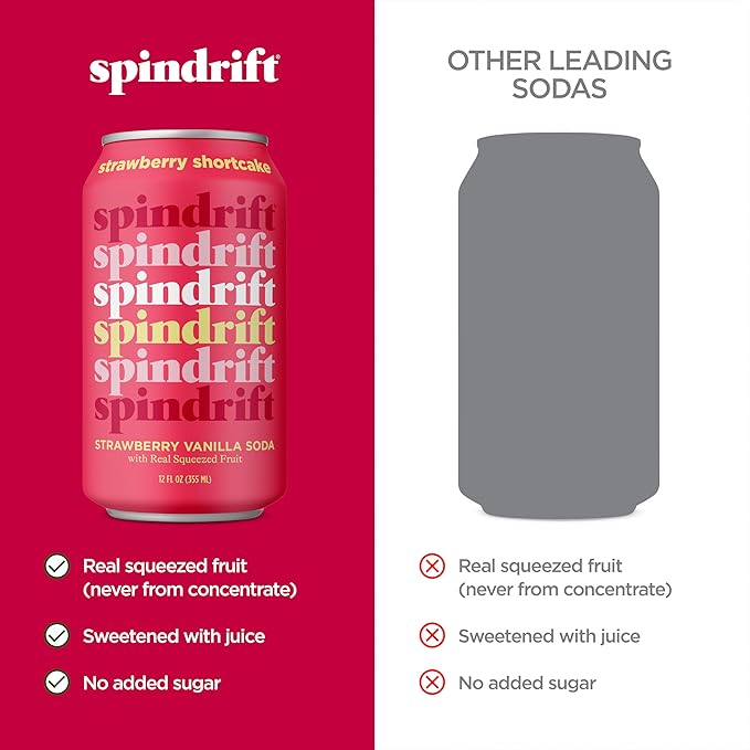 Spindrift Soda "Strawberry Shortcake" Strawberry Vanilla Soda with Real Squeezed Fruit 12 Pack Case