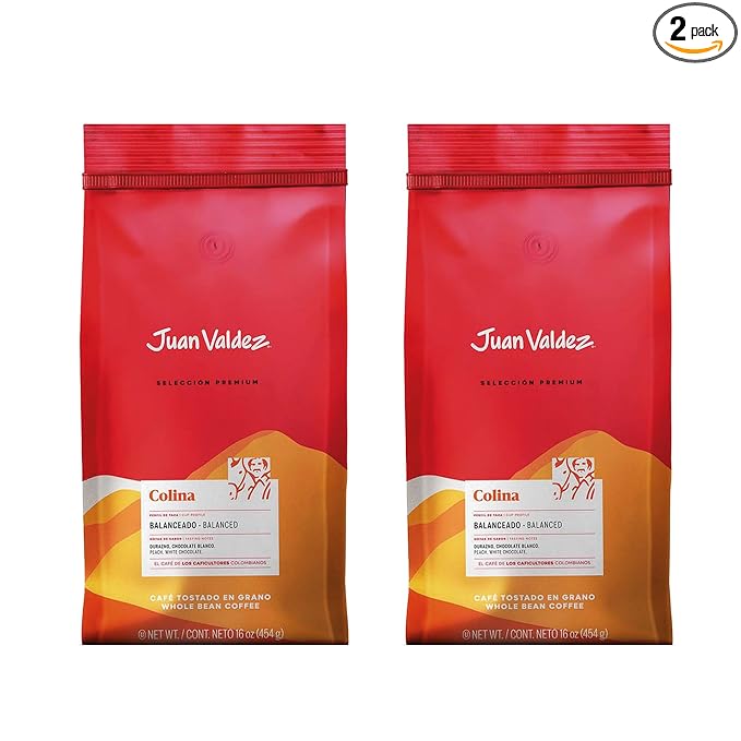 Juan Valdez Colina Whole Bean Coffee, Balanced Roast 16 OZ - Premium Colombian Coffee - Unique “Caracolito” beans produce a coffee of balanced flavor and mild texture (Pack of 2)