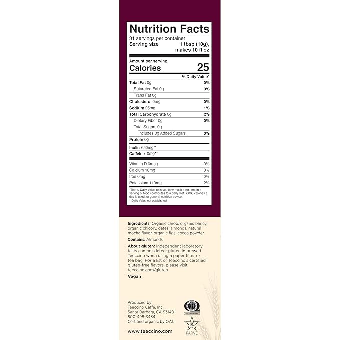 Teeccino Mocha Chicory Coffee Alternative - Ground Herbal Coffee That’s Prebiotic, Caffeine-Free & Acid Free, Medium Roast, 11 Ounce (Pack of 6)