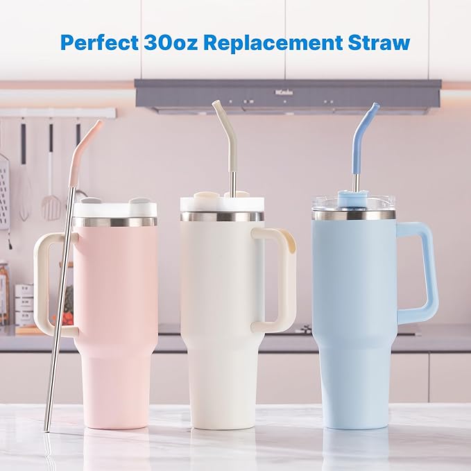 Repeatable Metal Straw with Silicone Tips for 30 oz Stanley Tumbler, 2 Pcs 30 oz Stainless Steel Straws Replacement for Stanley Tumbler, 1 Straw Brush, BPA Free（White）