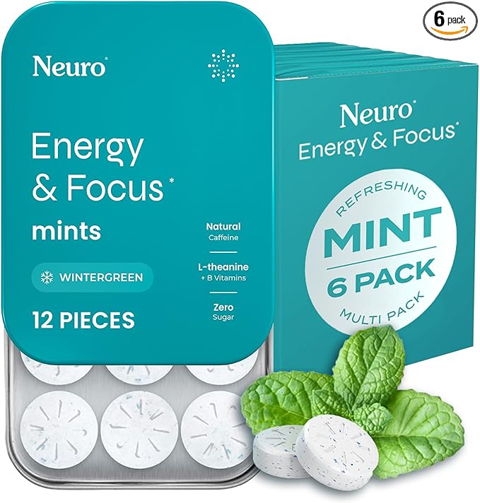 Neuro Energy & Focus Mints - Sugar Free Breath Mints with 80mg Natural Caffeine, B Vitamins & L-Theanine - Vegan Brain Supplement for Exercise, Study & Daily Focus - Wintergreen, 72 ct