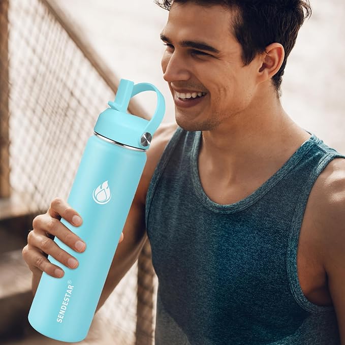 SENDESTAR Stainless Steel Water Bottle, Wide Mouth 32 oz Water Bottle with Straw Lid, Spout Lid, Double Wall Vacuum Insulated Leak Proof, Keeps Liquids Hot or Cold (Sky Blue)
