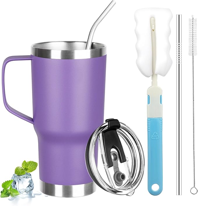 20 oz Tumbler with Handle, Stainless Steel Insulated Tumbler with Lid and Straw, Double Wall Vacuum Coffee Mug Tumbler, Insulated Coffee Thermal Cup for Cold and Hot (Purple)