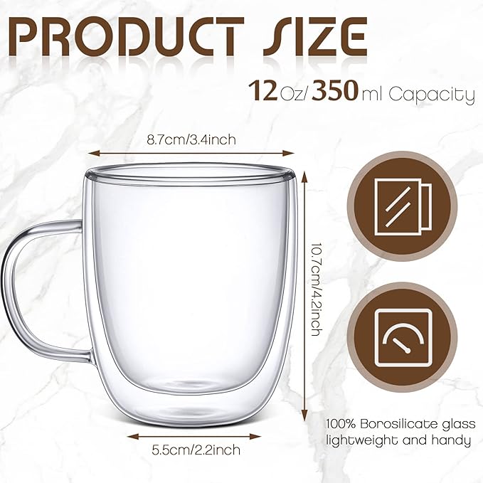 Gerrii Espresso Cups Double Walled Espresso Shot Glass with Handle Cups Insulated Clear Small Shot Glasses for Cappuccino Latte Hot Beverage(8 Pcs,12 oz)