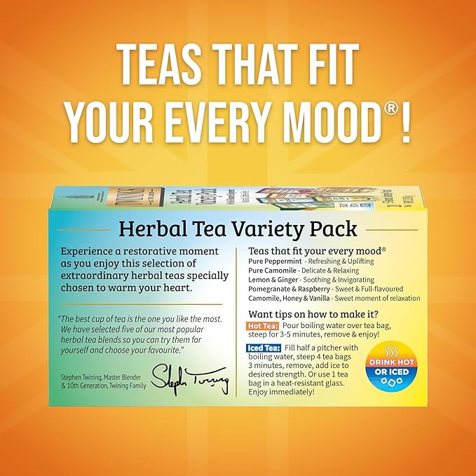 Twinings Herbal Tea Variety Pack, 20 Count (Pack of 6), Formerly Assorted Herbal, Includes 5 Flavours, Naturally Caffeine-Free, Enjoy Hot or Iced, 120 Teabags