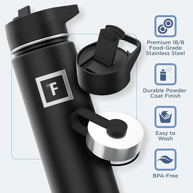 IRON °FLASK Camping & Hiking Hydration Flask with 3 Lids - Stainless Steel, Double Walled & Vacuum Insulated Water Bottle - Leak Proof & BPA Free (Graphite, Straw - 22 oz)