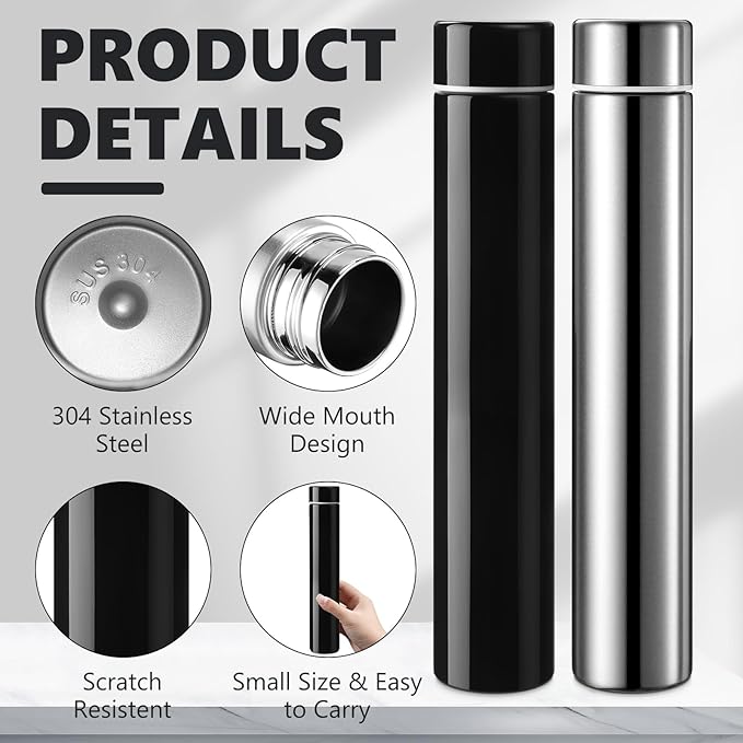 Vesici Slim Water Bottle 8.8 oz Small Stainless Steel Purse Compact Insulated Water Bottles Camping Travel Backpack Pocket Flask for Car Cold Coffee Tea(Silver, Black,2 Pack)
