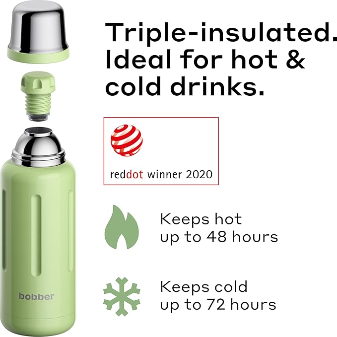 BOBBER 34 oz / 1 Liter Stainless Steel Travel Thermos for Hot and Cold Drinks – Dishwasher Safe Metal Water Bottle with Cup Lid – Keeps Hot for 48 Hours – BPA-Free, Vacuum Insulated (Mint Cooler)