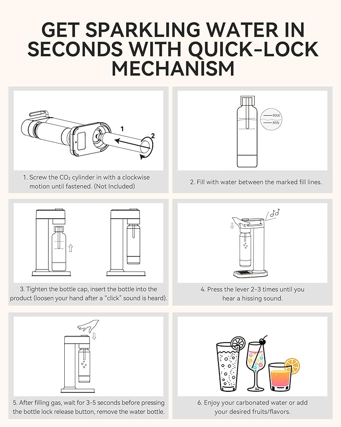 MOKKOM Sparkling Water Maker, Soda Streaming Machine with 1L PET Carbonating Bottle, Carbonates Any Drink, Soda Maker Compatible with 60L CO2 Carbonator (NOT Included) - Stainless Steel