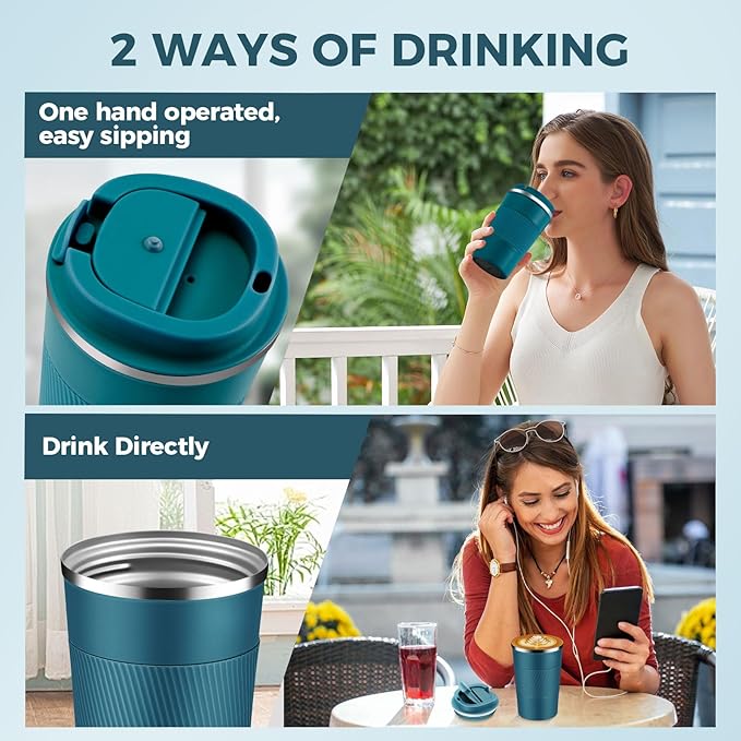 Volhoply 13 oz Stainless Steel Insulated Travel Coffee Mug with Fip Lid Bulk 2 Pack,Reusable Double Wall Vacuum Metal Coffee Cup,Portable Leak Proof Thermal Tumbler for Hot & Cold Drinks(Bule,2)