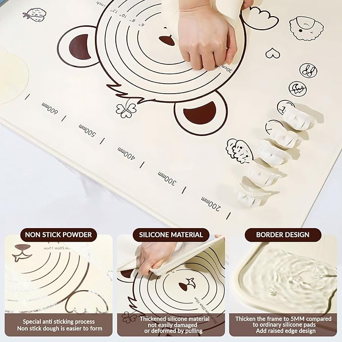 Little Bear Pastry Mat Set:Silicone Pastry Mat with Cake Scraper Rolling Pin Pastry Brush for Baking (standard, count, 4)
