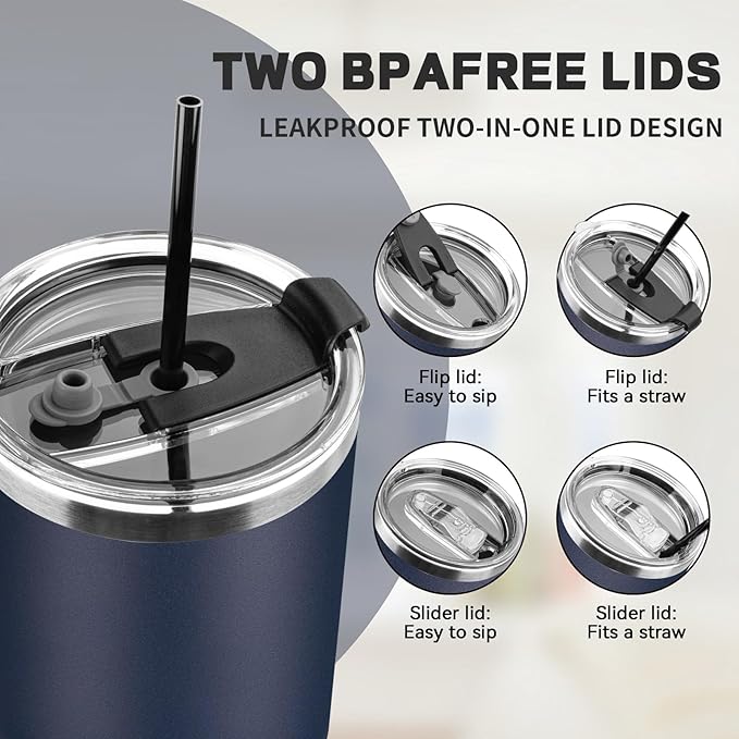 30 oz Tumbler with Lids and Straws, Stainless Steel Insulated Coffee Tumbler, Double Wall Vacuum Insulated Travel Mug Cup, Leakproof Thermal Coffee Cup for Hot and Cold Drinks (Navy Blue)