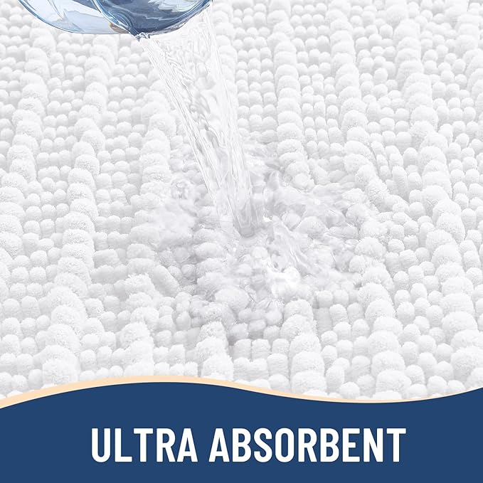 Arotive Luxury Chenille Bathroom Rug Mat, Extra Soft Thick Absorbent Shaggy Bath Rugs, Non-Slip Machine Wash Dry, Plush Bath Mats for Bathroom, Shower and Tub, 60x24, White