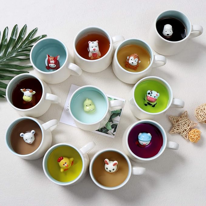 Cat Ceramic Cup Hidden 3D Animal Inside Mug,12 oz Cute Cartoon Handmade Figurine Mugs,Christmas Birthday Surprise for Friends Family or Kids (Cat)