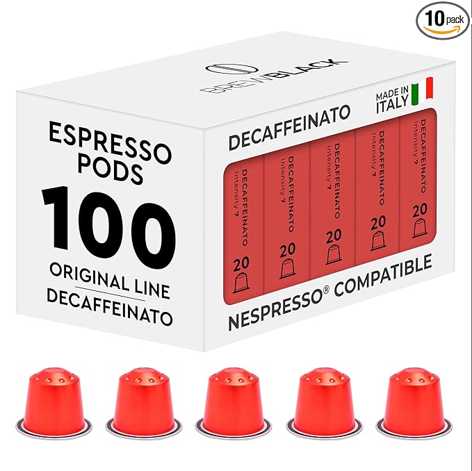 BrewBlack Decaffeinato Coffee Capsules - 100 Aluminum Coffee Pods Compatible with Nespresso Original line, Medium Roast - Intensity 7/12, Made in Italy