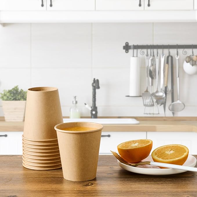 LITOPAK 100 Pack 10 oz Kraft Paper Coffee Cups for Water, Juice, and Tea, Disposable Hot Coffee Cups for Home, Restaurant, Store, and Cafe