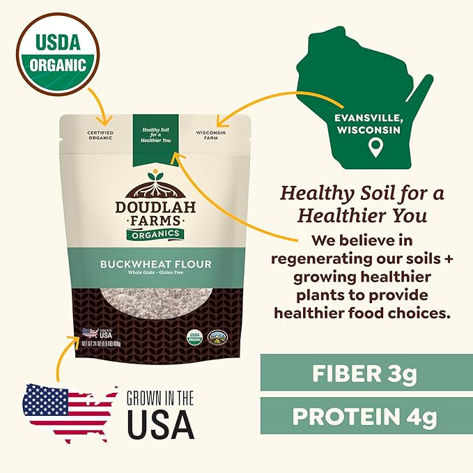 Organic Buckwheat Flour 25 lb Bulk - Non-GMO, USDA Organic, Gluten Free, Vegan - For Baking Bread, Pancakes, and More! Grown In USA, Farmed From Regenerative Soil by Doudlah Farms