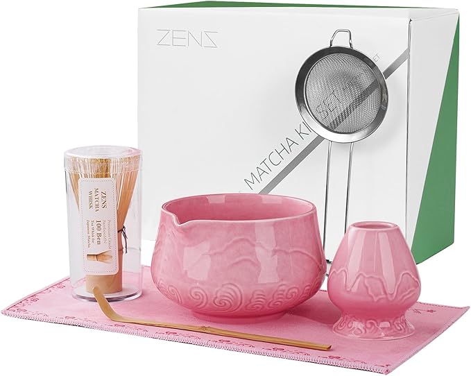 ZENS Pink Matcha Set, Matcha Whisk Set Includes 15oz Ceramic Bowl & (Chasen Holder), Bamboo Whisk & Scoop, Sifter and Pink Tea Towel, 6pcs Matcha Kit for Matcha Lovers
