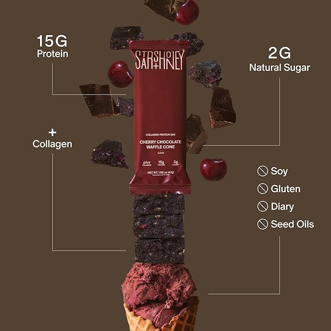 Stars + Honey Protein Bars- Cherry Chocolate Waffle Cone,15g Protein, 2g Sugar, w/Collagen Keto Friendly Snack - Gluten, Dairy, & Soy Free - High-Protein Snacks for Energy & Recovery-10 pack