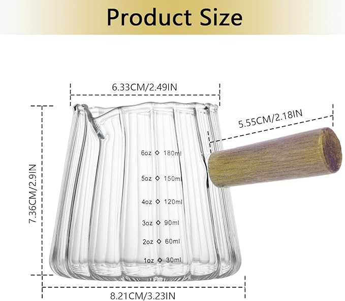 Espresso Measuring Cup 6 Oz, Espresso Glass Cups with Wood Handle, Milk Frothing Cup, Espresso Cup for Coffee, Milk, Tea or Maple Syrup Serving