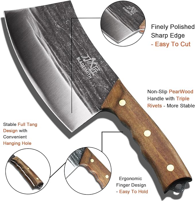 BLADESMITH 7" Chinese Chef Cleaver Knife – Forged High Carbon Steel, Professional Butcher Knife, Lightweight Design for Effortless Chopping, Full Tang with Pearwood Handle – 2024 Kitchen Gifts
