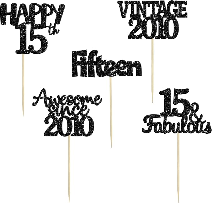 Gyufise 30Pcs Vintage 2010 Cupcake Toppers Glitter Sweet 15 Happy 15th Cupcake Picks Happy 15th Birthday Cake Decorations for Happy 15th Birthday Fabulous Anniversary Party Supplies Black