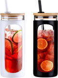 Kodrine 20oz Glass Tumbler with Straw and Lid, Bamboo Lids Water Bottle, Reusable Iced Coffee Cups, Wide Mouth Smoothie Cup with Protective Silicone Sleeve BPA FREE-White+Black-2pack