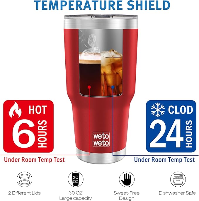 WETOWETO 30oz Insulated Tumbler With 2 Lids and 2 Straws, Stainless Steel Double Vacuum Coffee Tumbler Cup with handle, Powder Coated Travel Mug for Office, Travel(Harvest Red, 1 Pack)